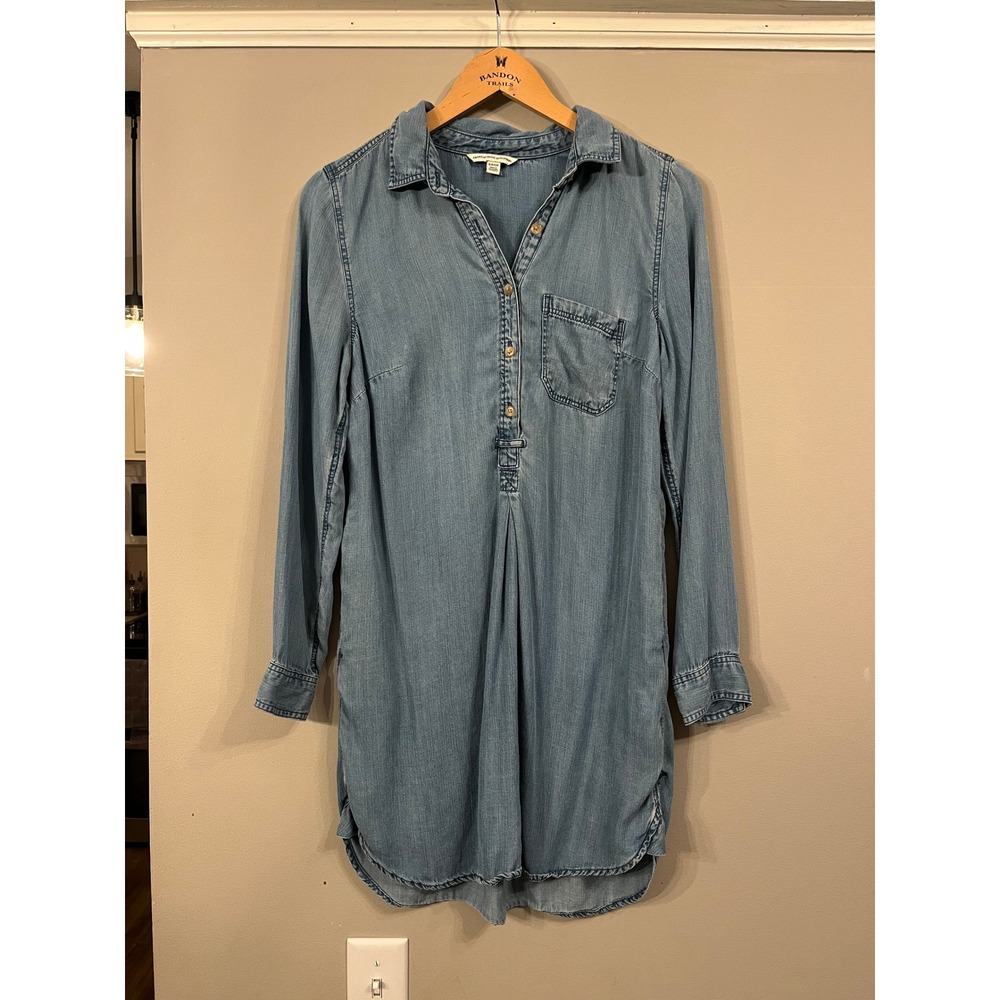 American Eagle Light Wash Chambray Denim Shirt Dress Long Sleeve Small